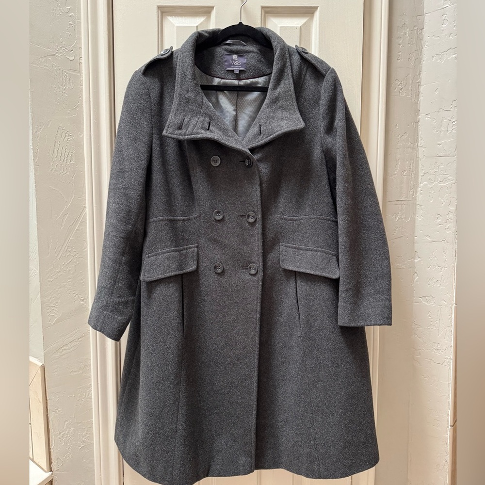 M&S Collection US Size 16 Lined Wool Blend Double-Breasted Long Coat, Charcoal